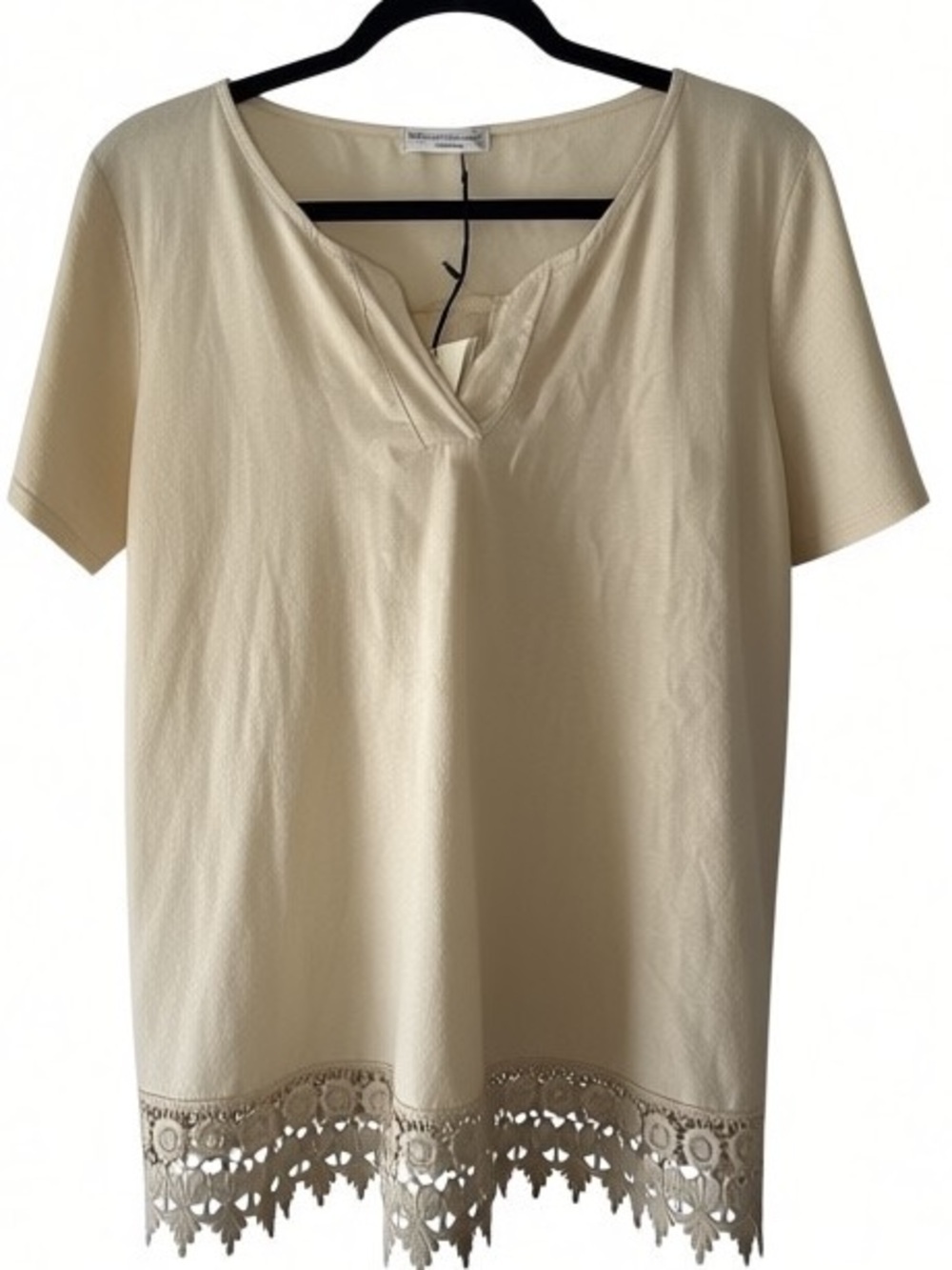 Terzo Millennio Italian Linen Crochet Hem Tan Short Sleeve top Sz M | NWT